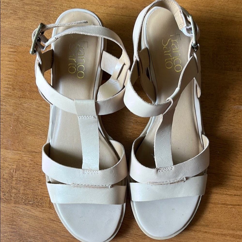Franco Sarto Cream Strappy Sandals with Chunky Heel-Size 8-Used